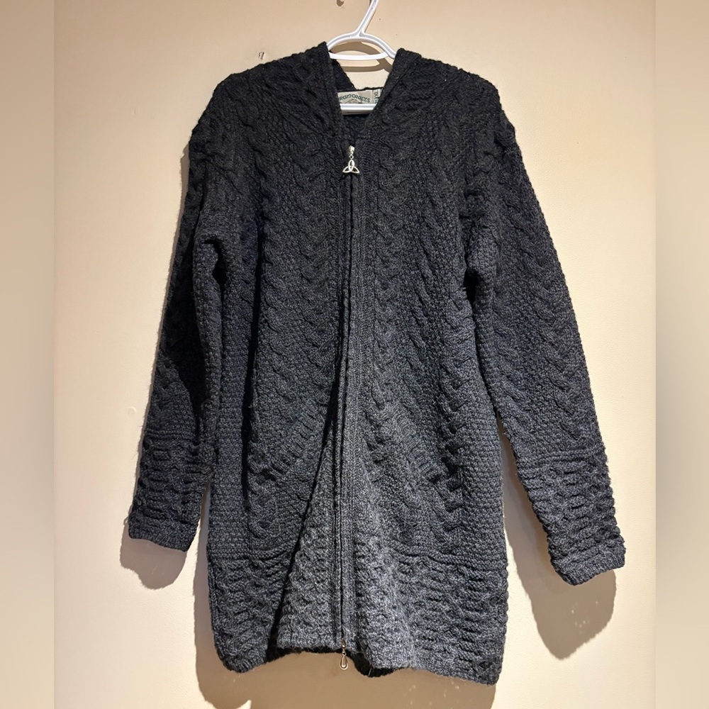 Aran Crafts Merino Wool Hooded Coat With Celtic Knot Zipper Charcoal Sz XL Hole